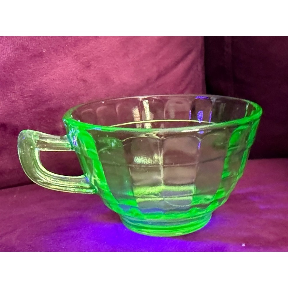 Vintage Glowing Anchor Hocking Block Optic Uranium Glass Tea Cup Retro Art Deco